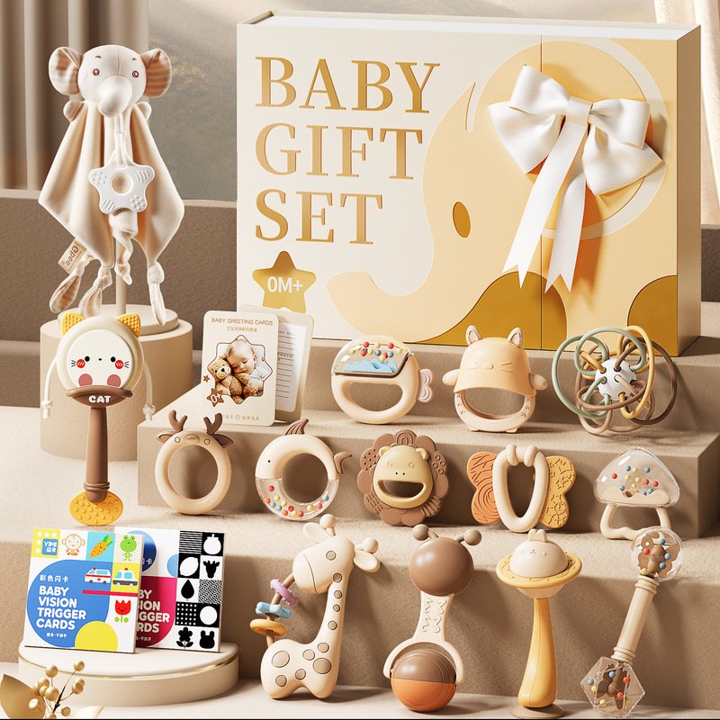 Yimi Full Moon Meeting Gift Newborn Baby Rattle Newborn Baby Gift Box Set Soothing Gift Rattle Toy – teether/rattle + sensory set (14-piece set)