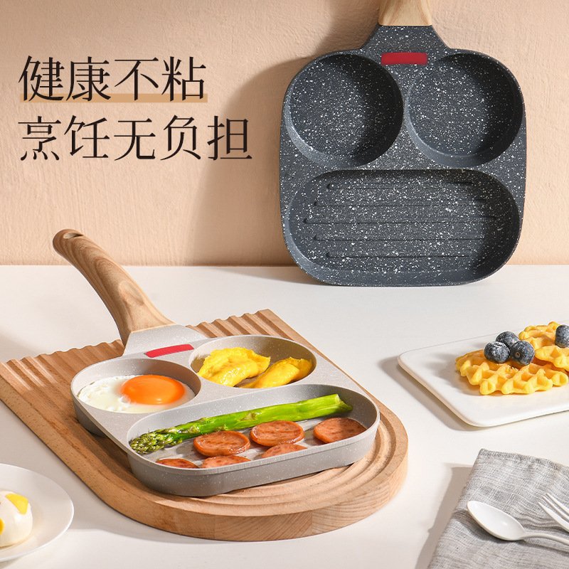 Cross-Border Egg Frying Helper 3-in-1 Non-Stick Breakfast Pan Flat-Bottomed Egg Burger Pan Household Steak Frying Pan